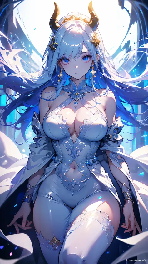 A highly detailed、 Beautiful 、 realistic、full-body portrait of a demon maid， white and gold ，Perfect Body，shiny eyes，puffy shoulder cape，Sexy、Luminescence、translucent porcelain skin，Intricate tattoos，white background，cinematic lighting effects，Ultra high d...