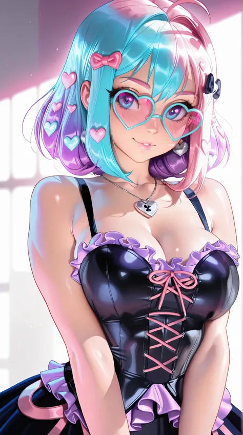 (TangoBat:0.7),(Sakimichan:0.7), intricate details, anime girl, pastel goth, cyan hair, heart-shaped glasses, pink and purple accents, candy hearts in hair, heart-shaped necklace, delicate features, soft lighting, dreamy atmosphere, intricate details, smoo...