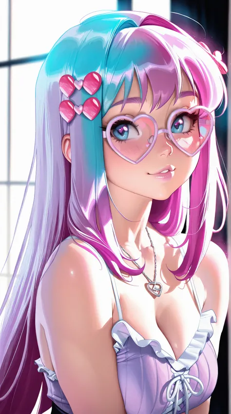 (TangoBat:0.7),(Sakimichan:0.7), intricate details, anime girl, pastel goth, cyan hair, heart-shaped glasses, pink and purple accents, candy hearts in hair, heart-shaped necklace, delicate features, soft lighting, dreamy atmosphere, intricate details, smoo...