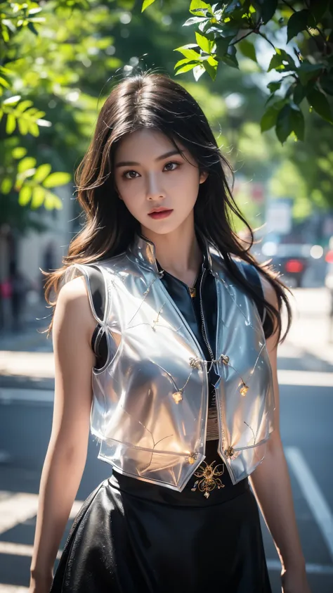 8K, UHD, masterpiece, detailed illustration, HDR, 1 girl, ((white skin)), good face, detailed eyes, detailed eyelid, ((long hair)), black hair, realistic girl, beautiful detailed beauty, ((black mesh vest)), ((detailed jwellery)), ((ornaments)), ((jwellery...