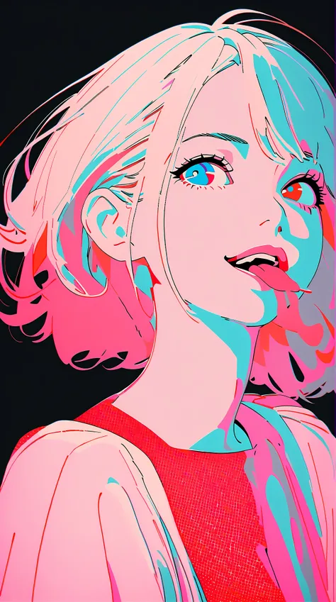 1 girl, stick out your tongue,  naughty face,,, A line drawing, flat illustration style with thin lines and only three colors, drawing art,,,vivid colored, Limited Palette, flat color, divided brushstroke, Impressionism, stippling, Pointillism, printing do...