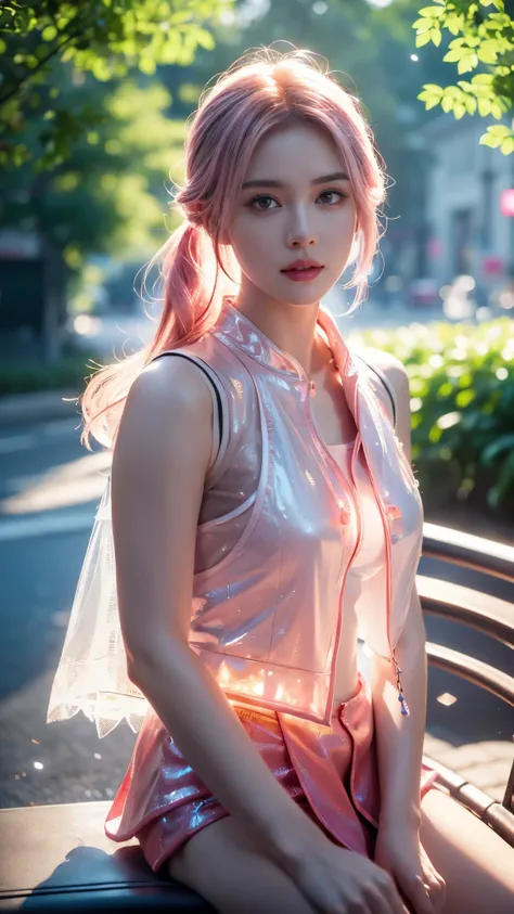 8K, UHD, masterpiece, detailed illustration, HDR, 1 girl, ((white skin)), good face, detailed eyes, detailed eyelid, ((long hair)), pink hair, realistic girl, beautiful detailed beauty, ((pink mesh vest)), ((detailed jwellery)), ((ornaments)), ((jwellery))...