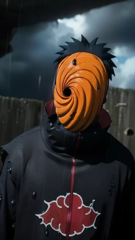 score_9,score_8_up,score_7_up,source_anime,rating_safe BREAK masterpiece,highres,best quality,high quality,dramatic angle,cinematic lighting,1boy,Tobi,orange mask,black hair,black robe,akatsuki robe,black robe with red cloud pattern on it,patterned,black g...