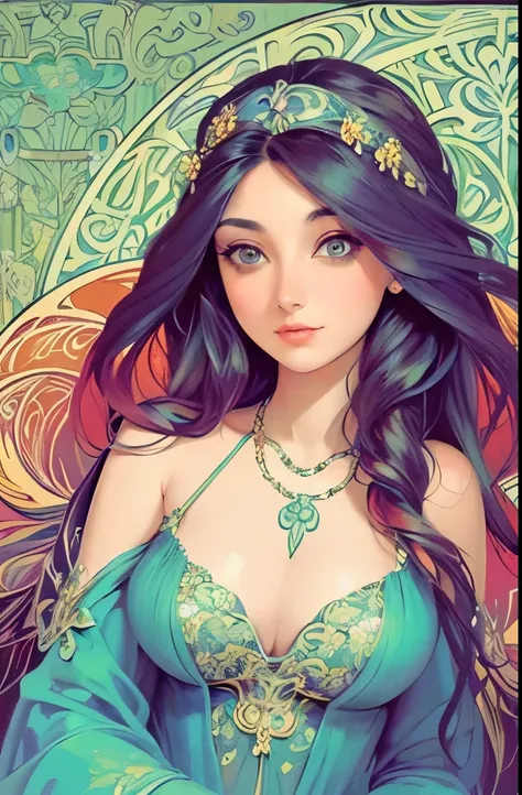 a painting of a woman with a colorful headpiece and long hair, beautiful color art!, beauty art nouveau woman, gorgeous art, whimsical art, beautiful retro art, art nuveau, beautiful gorgeous digital art, beautiful art, intricate beautiful faces, gorgeous ...