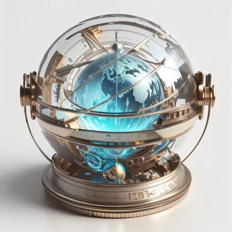 there is a glass globe with a metal base and a clock, ,  The Orb of Time ,  3d rendering beeple , planetary,  object concept art , epic 3d abstract model , trending 3D rendering on ArtStation, cool 3D visualization , Blueshift rendering,  portrayed as a 3d...