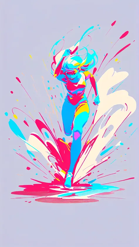 1 girl,  Athletes、 olympics、running, full body shot, large sky,,, A line drawing, flat illustration style with thin lines and only three colors, drawing art,,,vivid colored, Limited Palette, flat color, divided brushstroke, Impressionism, stippling, Pointi...