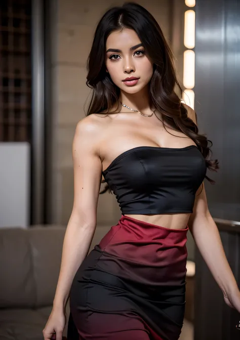 a woman in a black crop top and black and red long skirt posing for a picture, fire dress, revealing stylish dress, black and red dress, airbrush dark dress, strapless dress, sexy dress, ombre fishnet long skirt, tube-top, sexy girl, full length view, grad...