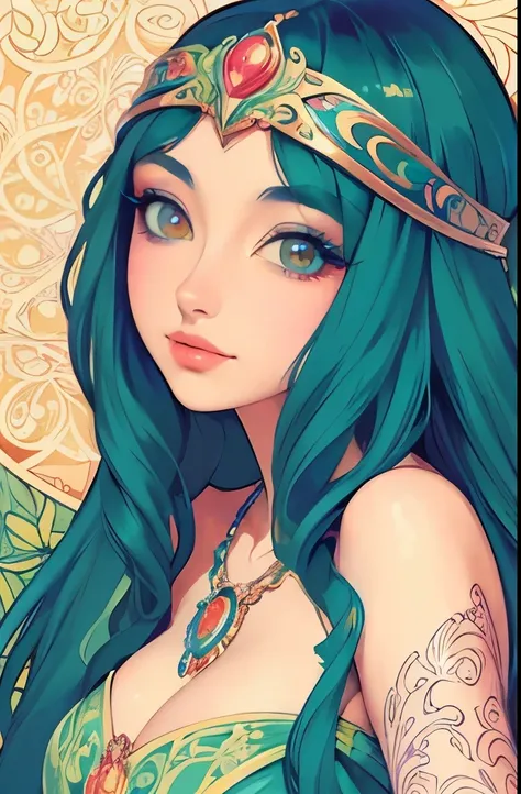 a painting of a woman with a colorful headpiece and long hair, an art deco painting inspired by Jeremiah Ketner, trending on pixabay, art nouveau, beautiful color art!, beauty art nouveau woman, gorgeous art, whimsical art, beautiful retro art, art nuveau,...