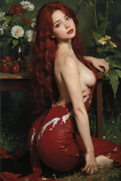 (oil painting:1.5),
\\
a woman with (red long curtly hair ), ((green eyes)) ain a field of  flowers, (amy sol:0.248), nude , with red dress,  (stanley artgerm lau:0.106), (a detailed painting:0.353), (gothic art:0.106)