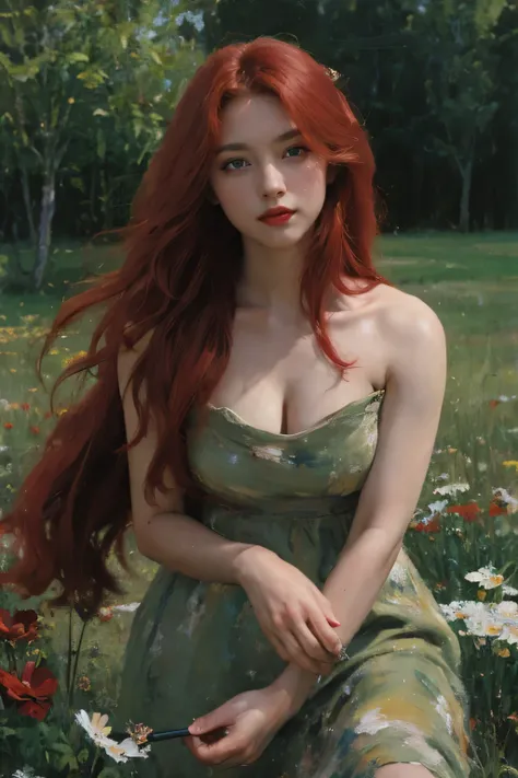 (oil painting:1.5),
\\
a woman with (red long curtly hair ), ((green eyes)) ain a field of  flowers, (amy sol:0.248), nude , with red dress,  (stanley artgerm lau:0.106), (a detailed painting:0.353), (gothic art:0.106)