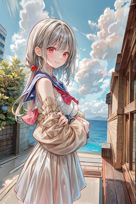 masterpiece,Highest quality,1 girl,Alone,outdoor,,viewers, serafuku,smile,ãã©ã¹ ,bangs,null,blue null,cloud,medium breasts, o,Gray Hair,red eyes, cross your arms around your back,Simple Clothes , long hair,