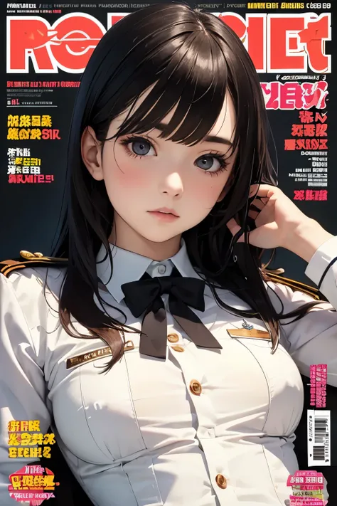 masterpiece,realistic,girl,petites,pale skin,Age 15,small breasts,bangs,magazine cover,uniform