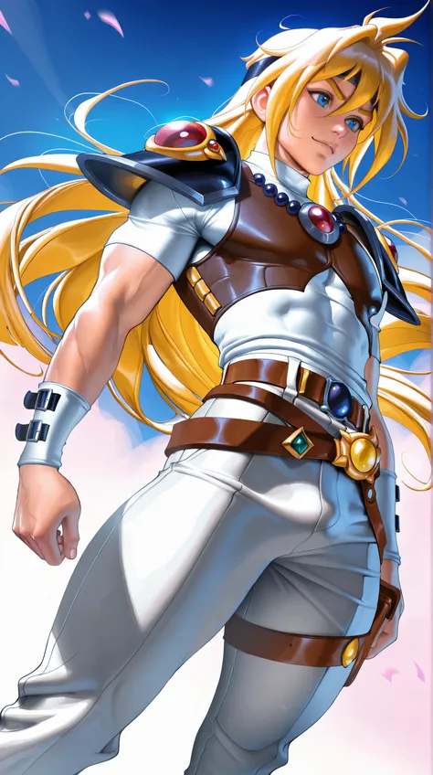 (TangoBat:0.7),(Sakimichan:0.7), 1boy, male, Gourry (Slayers), handsome, long blonde hair, blue eyes, dark sleeveless leather vest, white short-sleeved shirt, white Loose-fitting pants, belt, shoulder pauldrons, hip plates attached to the belt, dynamic ang...