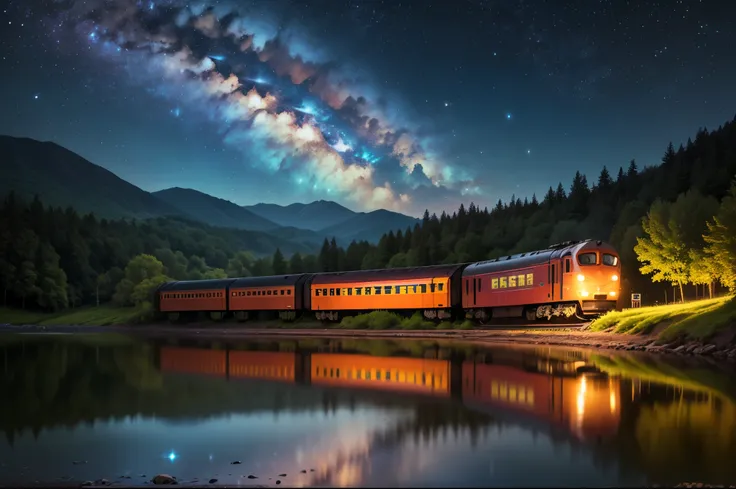 Close up of a train, railway track next to a lake, reflection on the water, night sky, galaxy, stars