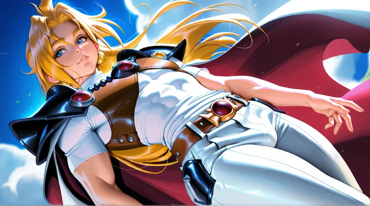 (TangoBat:0.7),(Sakimichan:0.7), 1boy, male, Gourry (Slayers), handsome, long blonde hair, blue eyes, dark sleeveless leather vest, white short-sleeved shirt, white Loose-fitting pants, belt, shoulder pauldrons, hip plates attached to the belt, dynamic ang...