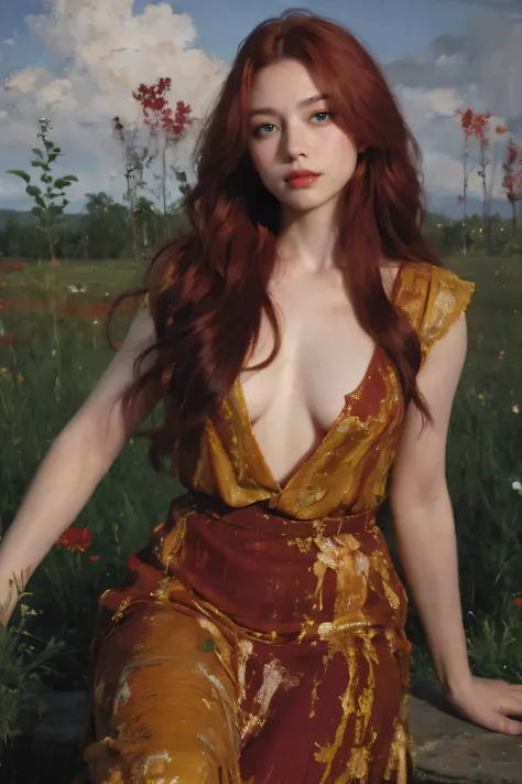 (oil painting:1.5),
\\
a woman with (red long curtly hair ), ((green eyes)) ain a field of  flowers, (amy sol:0.248), nude , with red dress,  (stanley artgerm lau:0.106), (a detailed painting:0.353), (gothic art:0.106)