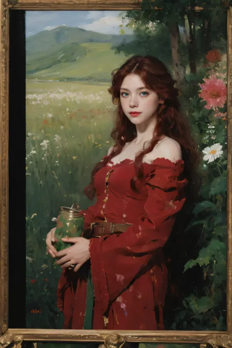 (oil painting:1.5),
\\
a woman with (red long curtly hair ), ((green eyes)) ain a field of  flowers, (amy sol:0.248), nude , with red dress,  (stanley artgerm lau:0.106), (a detailed painting:0.353), (gothic art:0.106)