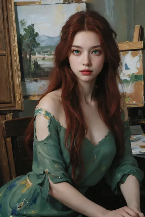 (oil painting:1.5),
\\
a woman with (red long curtly hair ), ((green eyes)) winter,  (amy sol:0.248), nude , with blue dress,  (stanley artgerm lau:0.106), (a detailed painting:0.353), (gothic art:0.106)