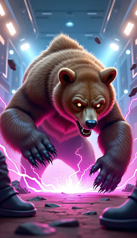 A stylized brown bear in the midst of a fierce battle, with electric energy surging around its body. The bear’s fur is spiked and wild, with glowing eyes and an aura of raw power. It faces off against a Tekken-style fighter, with the scene capturing the mo...