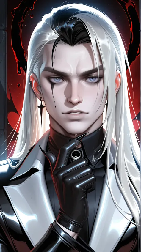 (TangoBat:0.7),(Sakimichan:0.7), 1boy,male, A gothic, portrait of a male with long, white hair, dripping with dark blood, wearing a black trimmed suit and gloves with sharp nails; the scene is dark, dramatic, and evokes a sense of mystery and macabre, with...