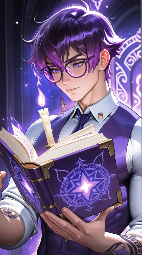 (TangoBat:0.7),(Sakimichan:0.7), 1boy,male, A purple-toned anime portrait of a male sorcerer, wearing ornate glasses, a collared shirt, and a tie, holding an open mystical book filled with glowing purple glyphs and symbols, with intricate tattoos and glowi...