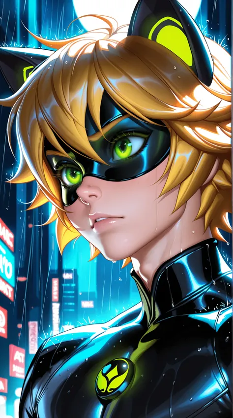 (TangoBat:0.7),(Sakimichan:0.7), 1boy,male, Chat Noir, Miraculous Ladybug, anime style, rain, night city background, close-up portrait, glowing green eyes, cat ears, detailed, sharp, masterpiece, best quality,absurdres 