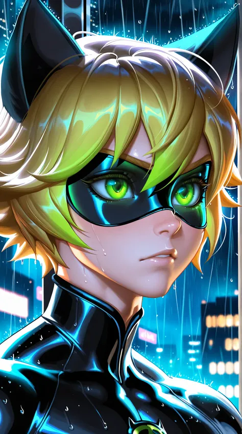 (TangoBat:0.7),(Sakimichan:0.7), 1boy,male, Chat Noir, Miraculous Ladybug, anime style, rain, night city background, close-up portrait, glowing green eyes, cat ears, detailed, sharp, masterpiece, best quality,absurdres 