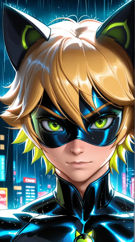 (TangoBat:0.7),(Sakimichan:0.7), 1boy,male, Chat Noir, Miraculous Ladybug, anime style, rain, night city background, close-up portrait, glowing green eyes, cat ears, detailed, sharp, masterpiece, best quality,absurdres