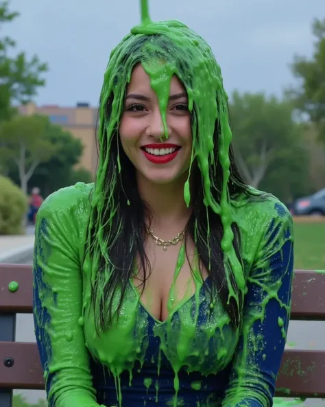 DSLR photograph of young Korean woman with long wavy black hair sitting on a park bench, covered in thick, dripping green water. She wears a navy bodycon dress, which is partially visible beneath the slime. She has long fake eyelashes. She has bold red lip...