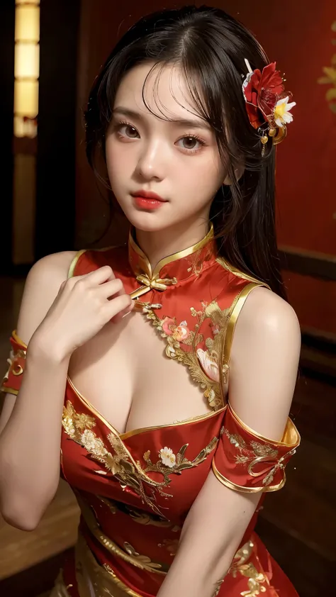 1girl,upper body,fashi-girl,china dress,chinese clothes,hair flower,(masterpiece:1.4),(best quality:1.4),(shiny skin),red lips,looking at viewer,large breasts,parted lips