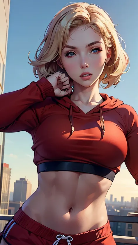 Masterpiece, best quality, Lena Paul, blonde blonde,  upper body of woman wearing crop hoodie and track shorts, city center, (rim lighting:0.5) swexy red sweater 