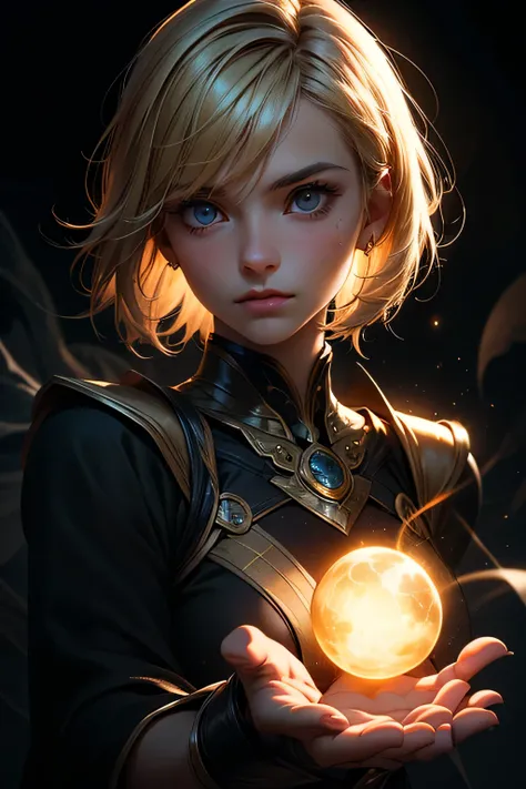 "A young woman with short tousled blonde hair stands in complete darkness, her arm outstretched forward. A soft radiant glow emanates from her palm, illuminating her determined face and casting long shadows. Mystical particles of light float around her han...