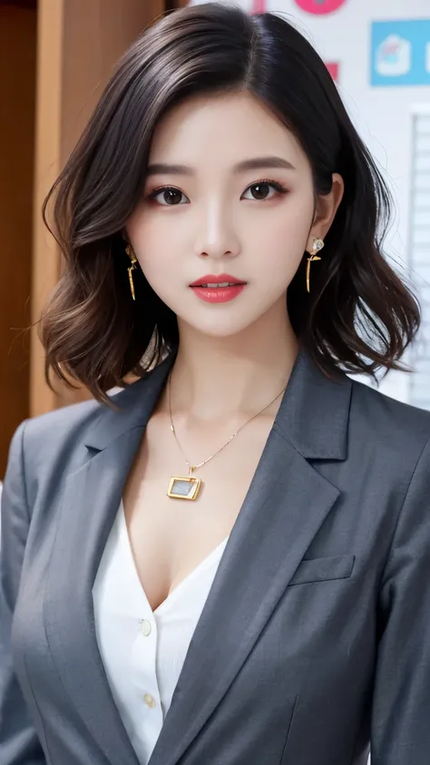 RAW Photos, High resolution, Very detailed, Intricate details, 、ear piercing、、short hair、  Jet Black Hair、wavy hair、 DARK EYESHADOW 、 Office Lady Suits 、 jacket、 shirt、Necklace around the neck、, The background is the office
