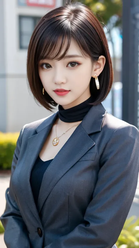 RAW Photos, High resolution, Very detailed, Intricate details, 、ear piercing、、short hair、  Jet Black Hair、、 DARK EYESHADOW 、 Office Lady Suits 、 jacket、 shirt、Necklace around the neck、, The background is the office
