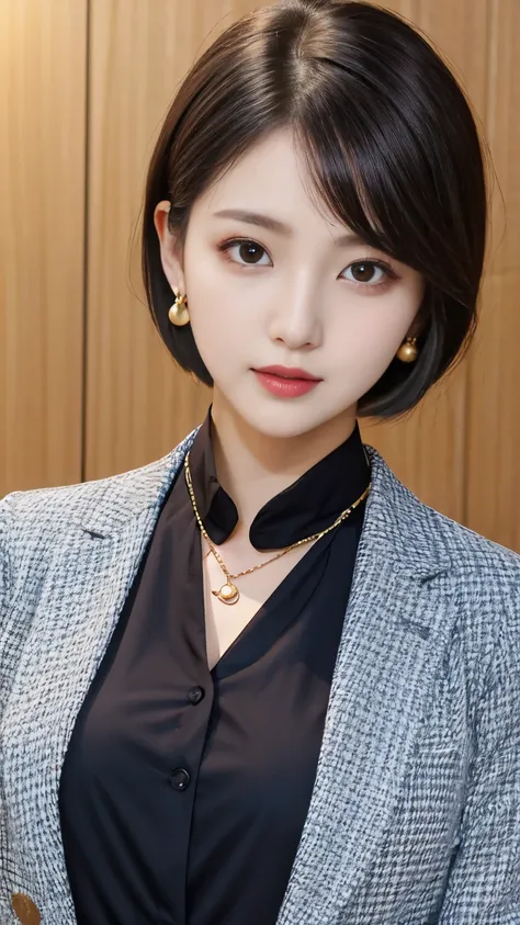 RAW Photos, High resolution, Very detailed, Intricate details, 、ear piercing、、short hair、  Black Hair、、 DARK EYESHADOW 、 Office Lady Suits 、 jacket、 shirt、Necklace around the neck、, The background is the office
