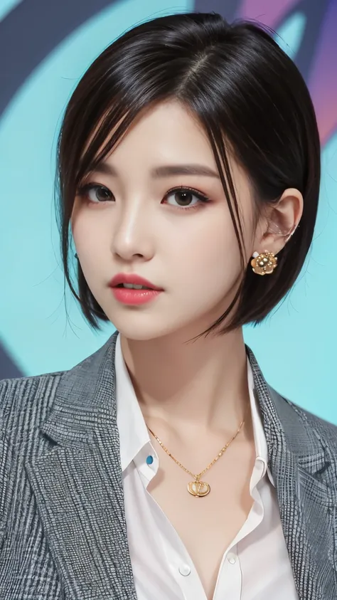 RAW Photos, High resolution, Very detailed, Intricate details, 、ear piercing、、short hair、  Black Hair、、 DARK EYESHADOW 、 Office Lady Suits 、 jacket、 shirt、Necklace around the neck、, The background is the office
