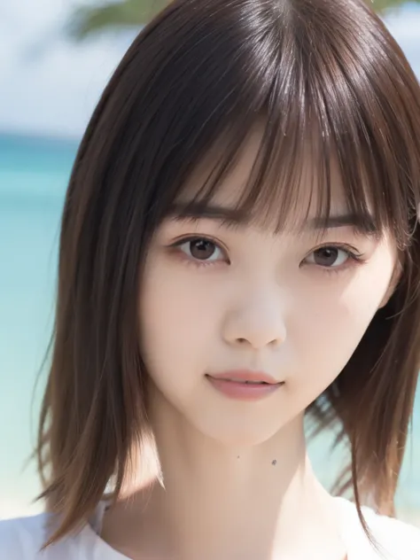  Greatest Masterpiece 、 Highest quality , Ultra High Definition、tight white tank top made of ribbed material with buttons on the front、break、pink micro mini skirt、break、１beautiful Japanese girls are standing at the edge of the waves、big breasts、 Chest Vall...