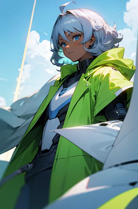 panel anime, chico,  curly silver hair with light blue, light blue eyes, dark skin,  with green scientific coat , futuristic white and sky blue 