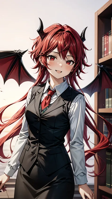 (Ultra High Quality,Ultra High Definition,16k,super masterpiece,Ultra HD , detailed shading and background,)one girl, long red hair with ocean print,bat feathers on the head, devil's wings on the back, white long sleeve shirt,Black vest,black skirt,smile,b...
