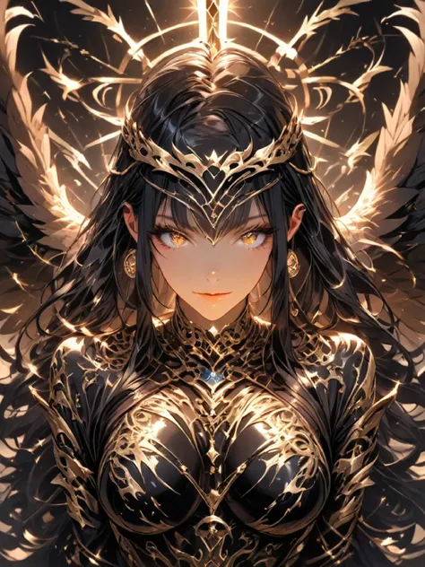 Golden sword in the middle .. parallel to the middle of the face/Nose that goes up to the middle of the breasts , female, Golden eagle-shaped sword sheath with open wings, masterpiece, black hair and spiked .. similar to the one in the reference photo and ...