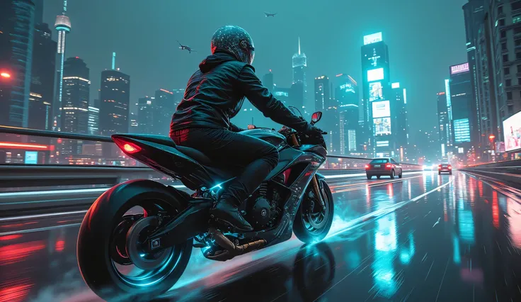 A rebellious Cyberpunk motorbike, wearing a black leather jacket with luminescent circuits that enhances the curves of your body, drives her futuristic motorcycle on an elevated highway. The city shines below it with neon lights reflected in the asphalt we...