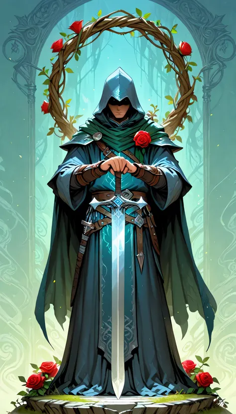 masterpiece, best quality, (extremely detailed), RAW, dnd art, fantasy art, an epic sword with a rose vine entwined on the blade, a magnificent silver shinning sword, with a diamond in the hilt, there is a red rose vine entwined along the blade, dynamic fa...