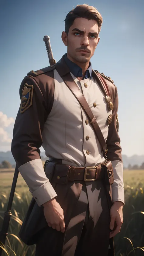professional photo of pat32 in simple brown empire travel uniform with rank insignia on arms and leather belts, brown uniform, bullet bandolier, heathl male_focus, KTemplar, perfect eyes, upper body shot low lighting, moody, large depth of field, warhammer...