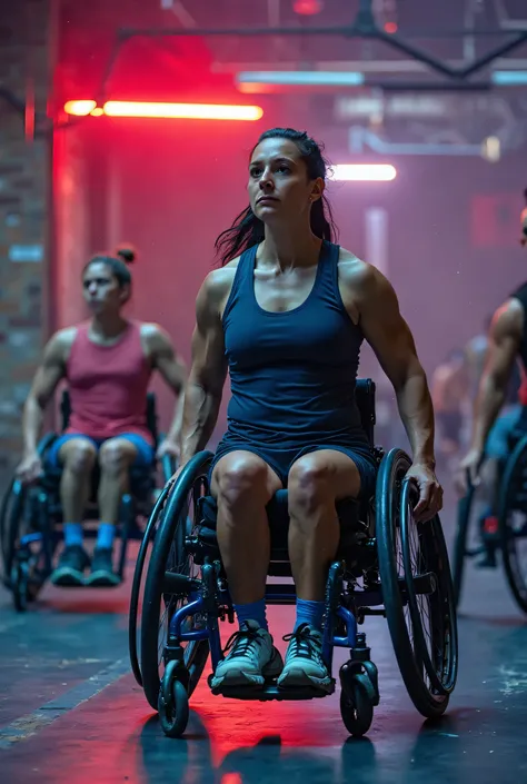 Wheelchair athletes doing CrossFit at an urban gym at night,  neon lights, various body types, clothes, tank tops and shorts.