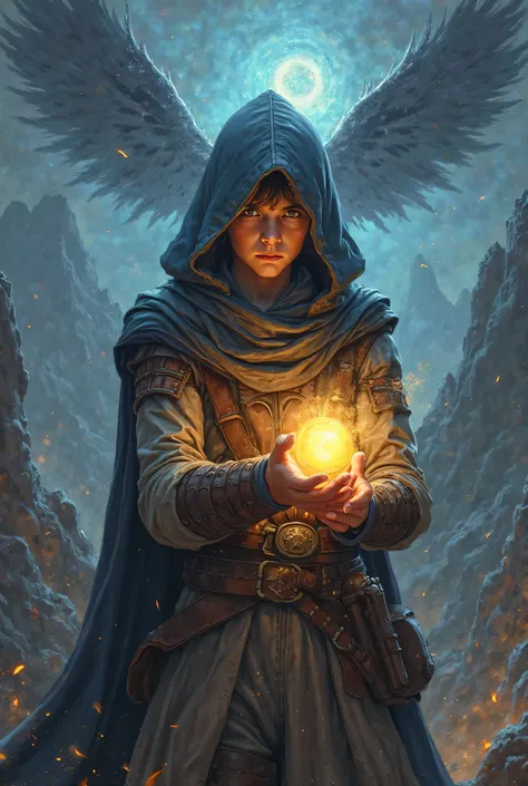  Detailed illustration of a young hooded archer wearing a classic brown leather armor, holding a glowing orb with a strained expression, while a dark and malevolent aura forms behind him, set in an epic fantasy scene. Real 4k, Supreme quality, professional...