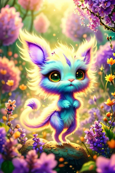 whimsical airbrush and oil painting, best angle of a Very cute mythical graceful transparent anthropomorphic furry creature holds purple lilac, thin arms, fragile thread legs, purple lilac spirit, Mystical garden where purple lilac grows in a professional ...