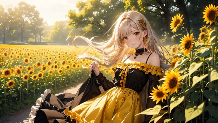 (​master piece),(top-quality:1.2),(perfect anatomy),1 woman,20 years old,exquisitedetails,Vibrant colors, Soft tones, With warm and gentle lighting,(yellow and black dress, Beautiful frills:1.2),beautiful detailed eyes,orange color hair,small breasts,(side...