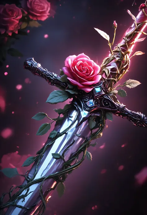 arafed high details, best quality, 16k, (ultra detailed: 1.5), masterpiece, best quality, (extremely detailed), RAW, dnd art, fantasy art, an epic sword with a rose vine entwined on the blade, a magnificent silver shinning sword, with a diamond in the hilt...