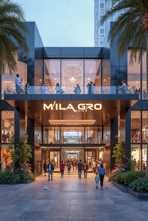 Modern, state-of-the-art shopping mall has a sign that says MILAGRO CENTER 