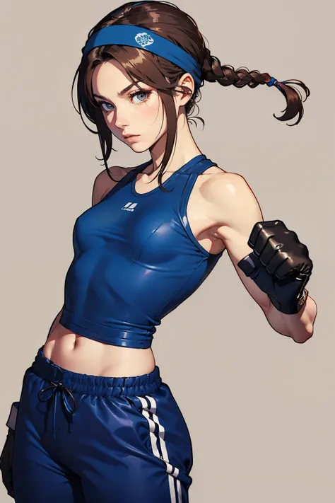 Female Fighter、 upper body up、 mature、 illustration style、 is tall 、simple background、fighting pose、 bullish expression、 gloves、 headband、 single braids、( Blue clothes)、 arm cover、(  Hair)、   Trained Biceps   、( brown long pants )